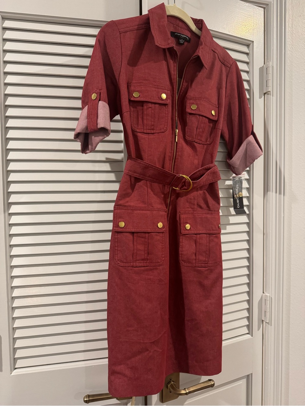 Sharagano Red Utility Shirt Dress with Belt - Picture 3 of 9
